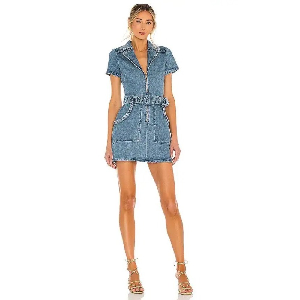 Show Me Your Mumu Revolve Outlaw Denim Mini Dress Braid Belt Zip Front Med Wash